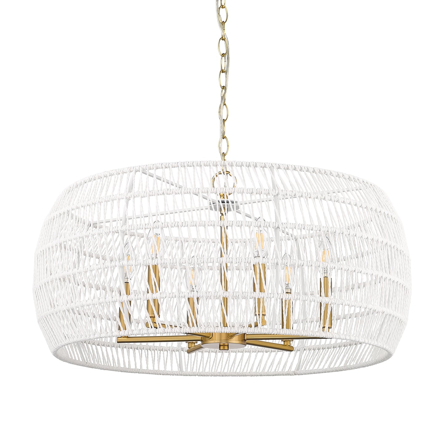 Mercury 6 Light Chandelier in Modern Brushed Gold with Bleached White Raphia Rope Shade