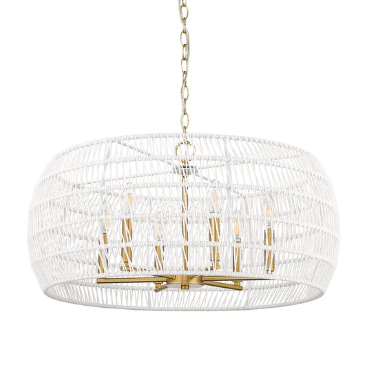 Mercury 6 Light Chandelier in Modern Brushed Gold with Bleached White Raphia Rope Shade