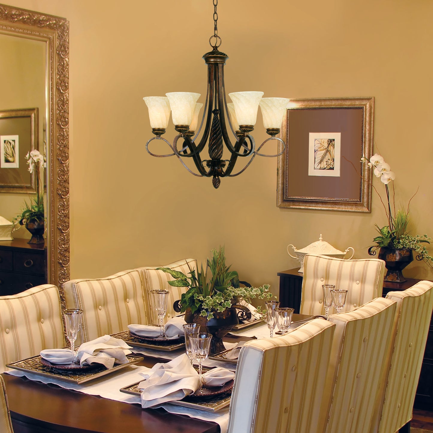 Diana 6 Light Chandelier in Cordoban Bronze with Remolino Glass