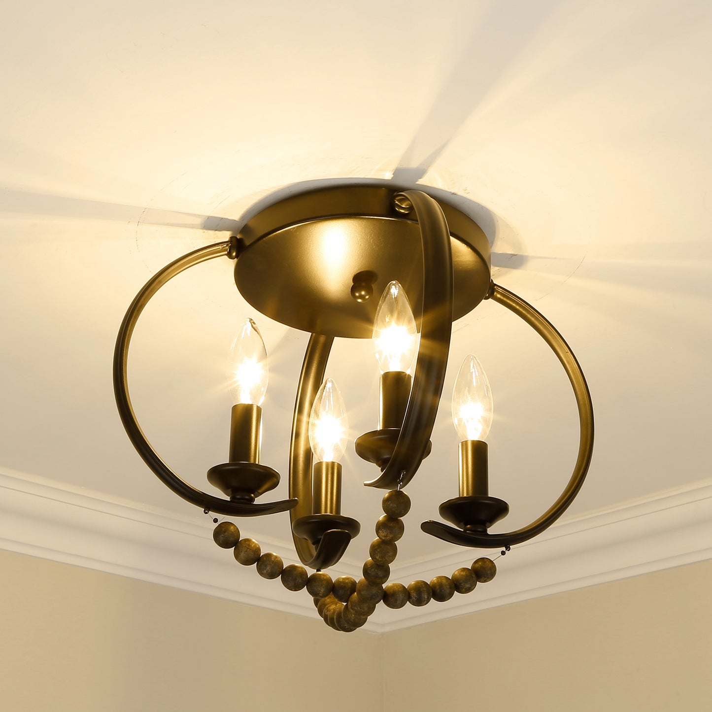 Clover-Flush Mount in Matte Black with Espresso Wood Beads